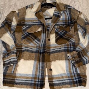 Urban Outfitters Men's Plaid Shirt Jacket - Brown, Blue, White